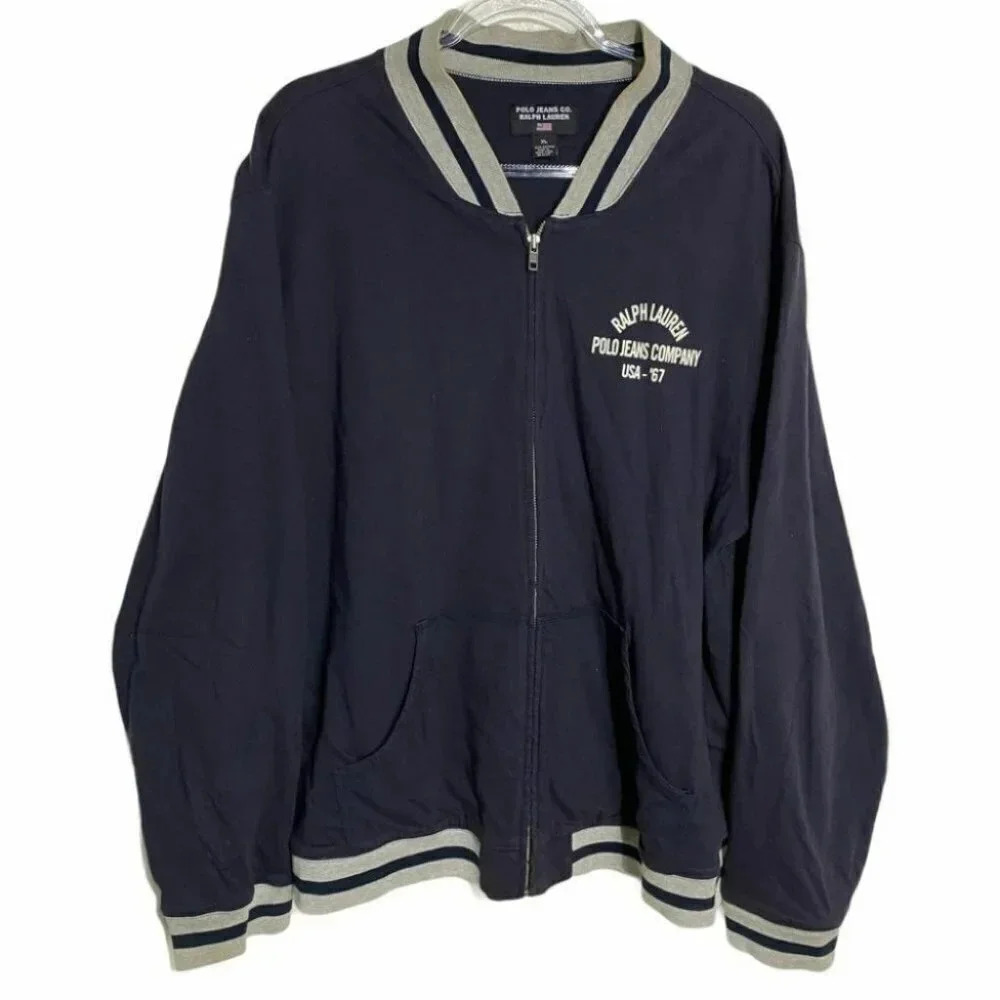 Polo Jeans Co Ralph Lauren XL Navy Blue USRL Varsity Full Zip Bomber Jacket - Picture 2 of 4